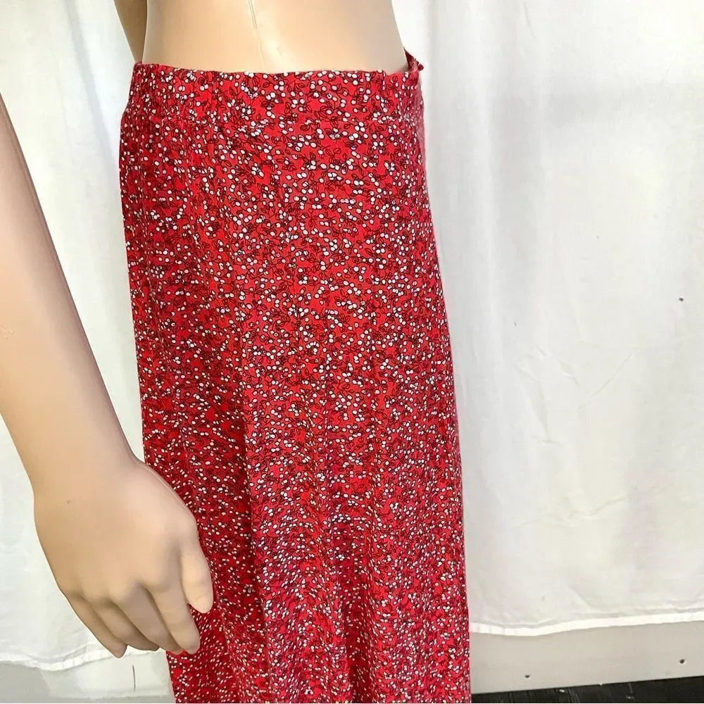 Max Studio red ditsy floral print buttons front boho cottage core maxi skirt S